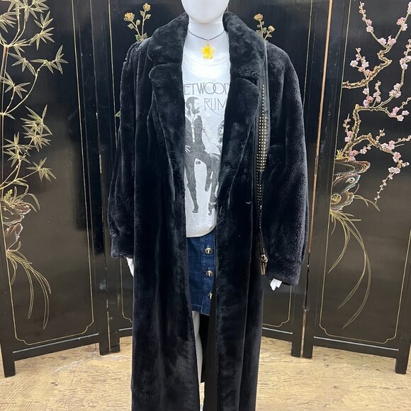 Vintage AJ Gervais Windsor Black Plush Fluffy Full Length Genuine Rabbit Coat - Picture 1 of 12